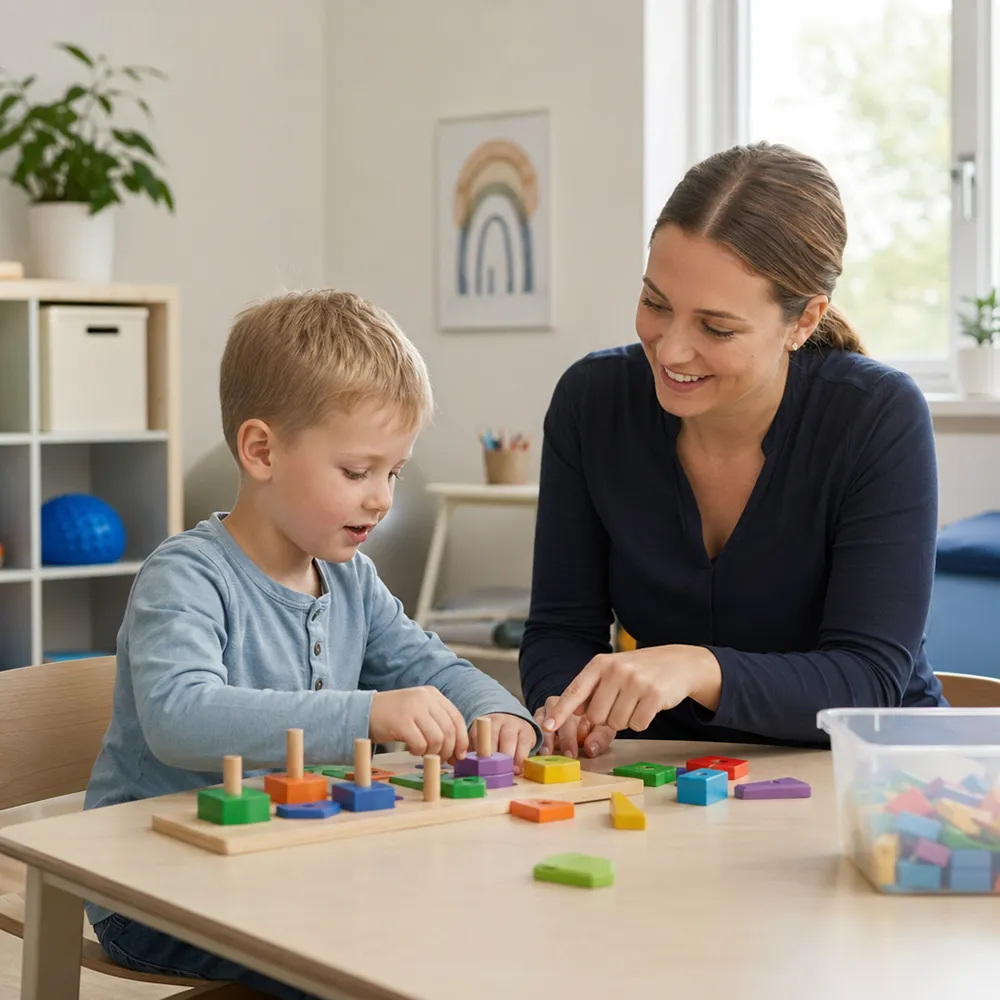 Toimintaterapeutti ohjaa lasta värikkäiden palikoiden käsittelyssä.